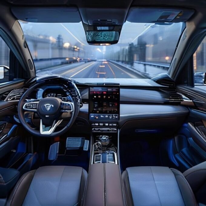A close-up of the sleek center console and digital touchscreen inside a Cadillac Lyriq, showing the drive mode selection screen.